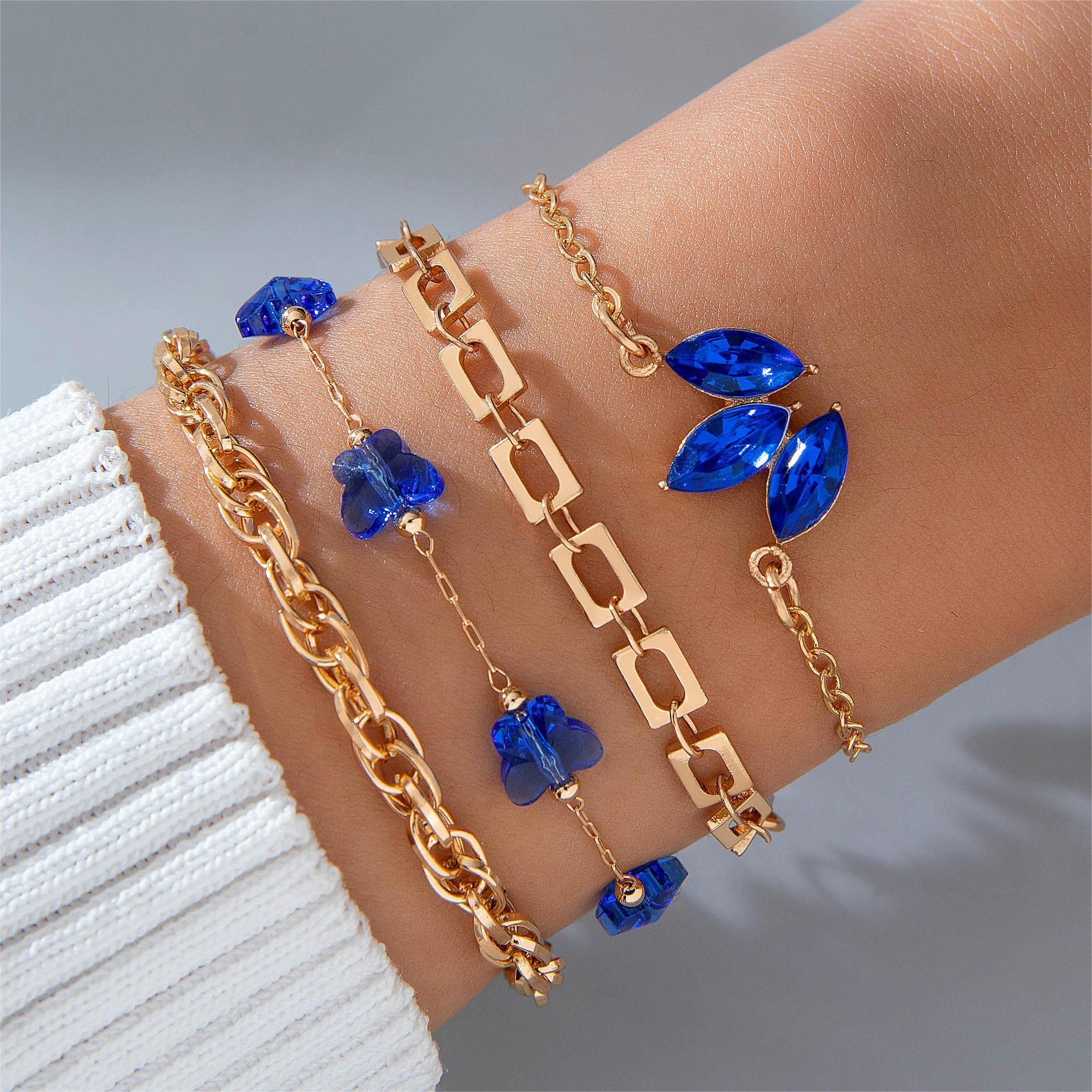 4pcs Blue Flower Love Butterfly Bracelet Set With Rhinestones Design Valentines Day - My Beach Kit