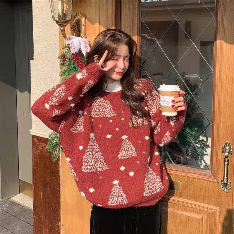 Red Christmas Tree Jacquard Warm Sweater Women - My Beach Kit