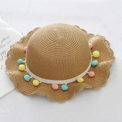 Summer Children'S Bags, Hats, Female Decoration, Small Colored Balls, Sunscreen, Lace, Beach Hats, Breathable Sandals