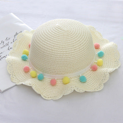 Summer Children'S Bags, Hats, Female Decoration, Small Colored Balls, Sunscreen, Lace, Beach Hats, Breathable Sandals