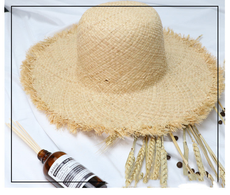 Summer Beach Raffia Black White Ribbon Hat Bow Raffia Hat Temperament Flat Straw Hats