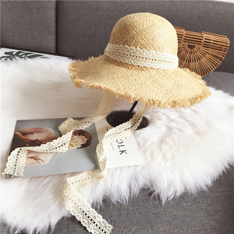 Summer Beach Raffia Black White Ribbon Hat Bow Raffia Hat Temperament Flat Straw Hats