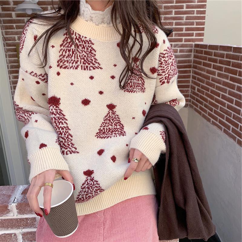 Red Christmas Tree Jacquard Warm Sweater Women - My Beach Kit