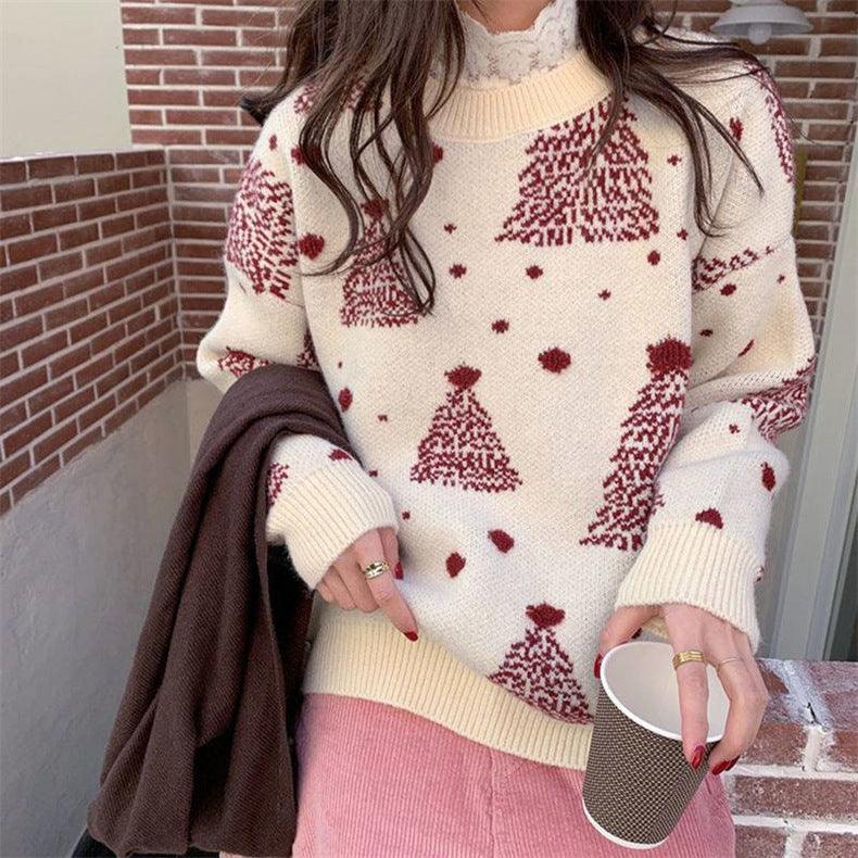 Red Christmas Tree Jacquard Warm Sweater Women - My Beach Kit