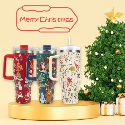 New Christmas Pattern Mug With Handle Lid Straw - My Beach Kit