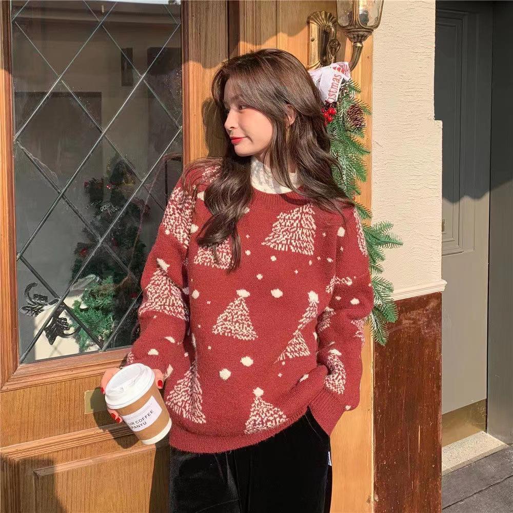 Red Christmas Tree Jacquard Warm Sweater Women - My Beach Kit