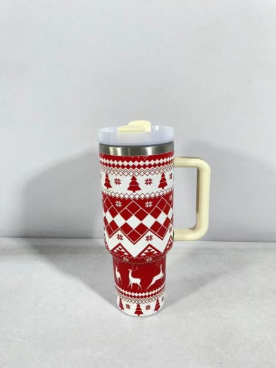 New Christmas Pattern Mug With Handle Lid Straw - My Beach Kit