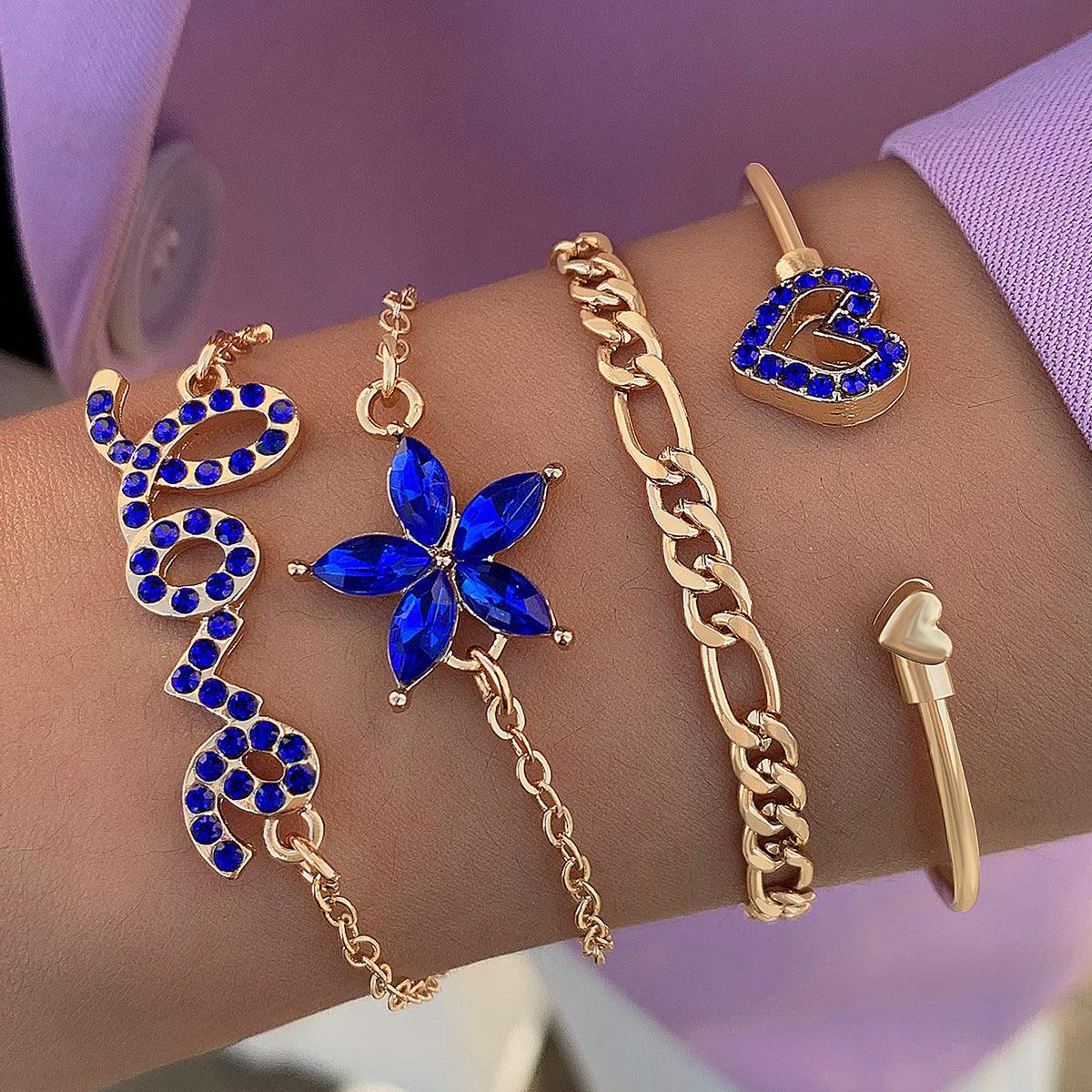 4pcs Blue Flower Love Butterfly Bracelet Set With Rhinestones Design Valentines Day - My Beach Kit