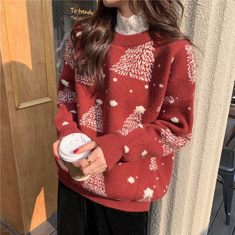 Red Christmas Tree Jacquard Warm Sweater Women - My Beach Kit