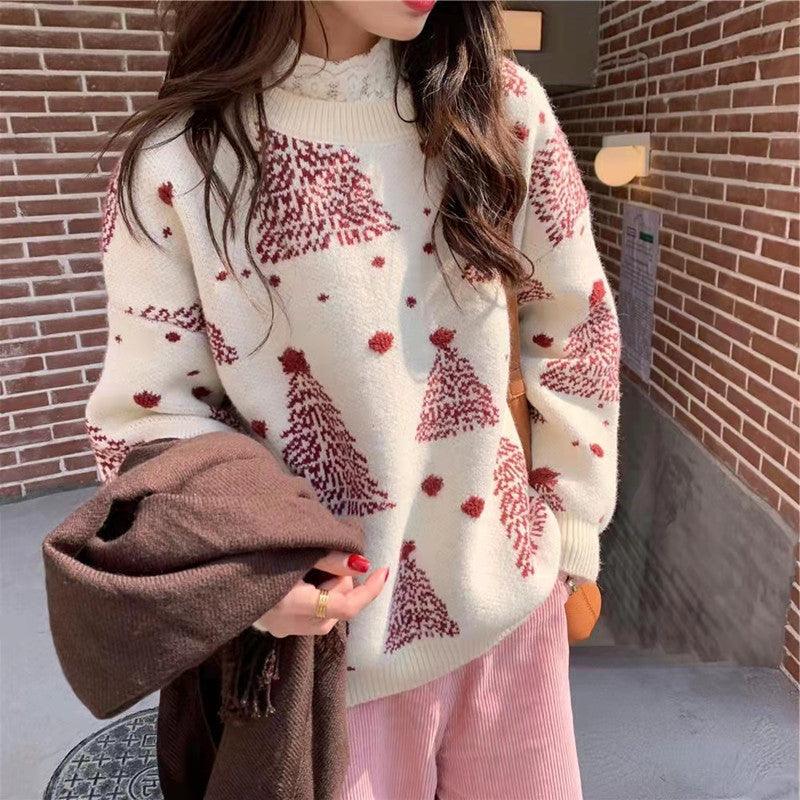 Red Christmas Tree Jacquard Warm Sweater Women - My Beach Kit