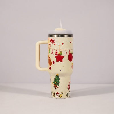 New Christmas Pattern Mug With Handle Lid Straw - My Beach Kit