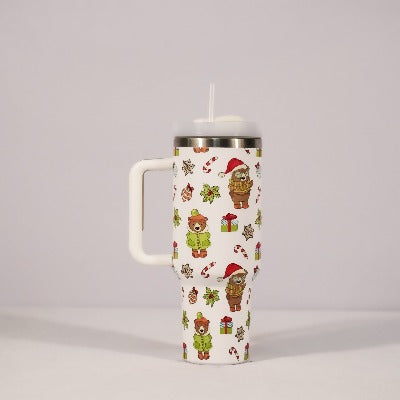 New Christmas Pattern Mug With Handle Lid Straw - My Beach Kit