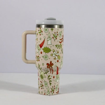 New Christmas Pattern Mug With Handle Lid Straw - My Beach Kit