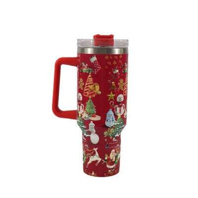 New Christmas Pattern Mug With Handle Lid Straw - My Beach Kit