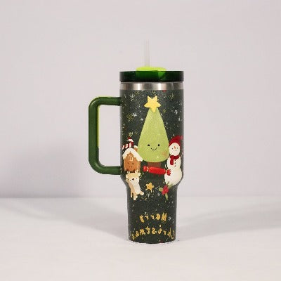 New Christmas Pattern Mug With Handle Lid Straw - My Beach Kit