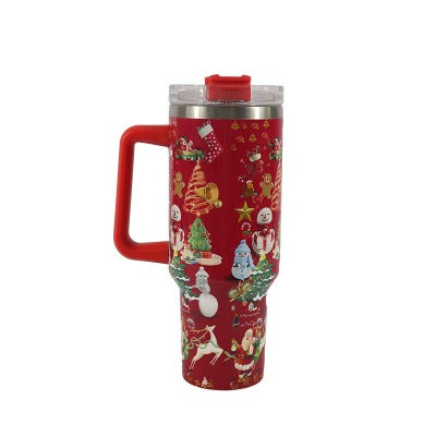 New Christmas Pattern Mug With Handle Lid Straw - My Beach Kit