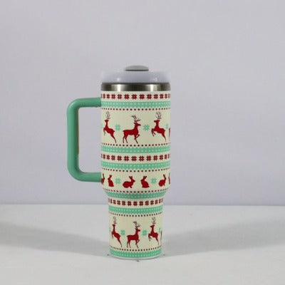 New Christmas Pattern Mug With Handle Lid Straw - My Beach Kit