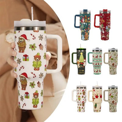 New Christmas Pattern Mug With Handle Lid Straw - My Beach Kit