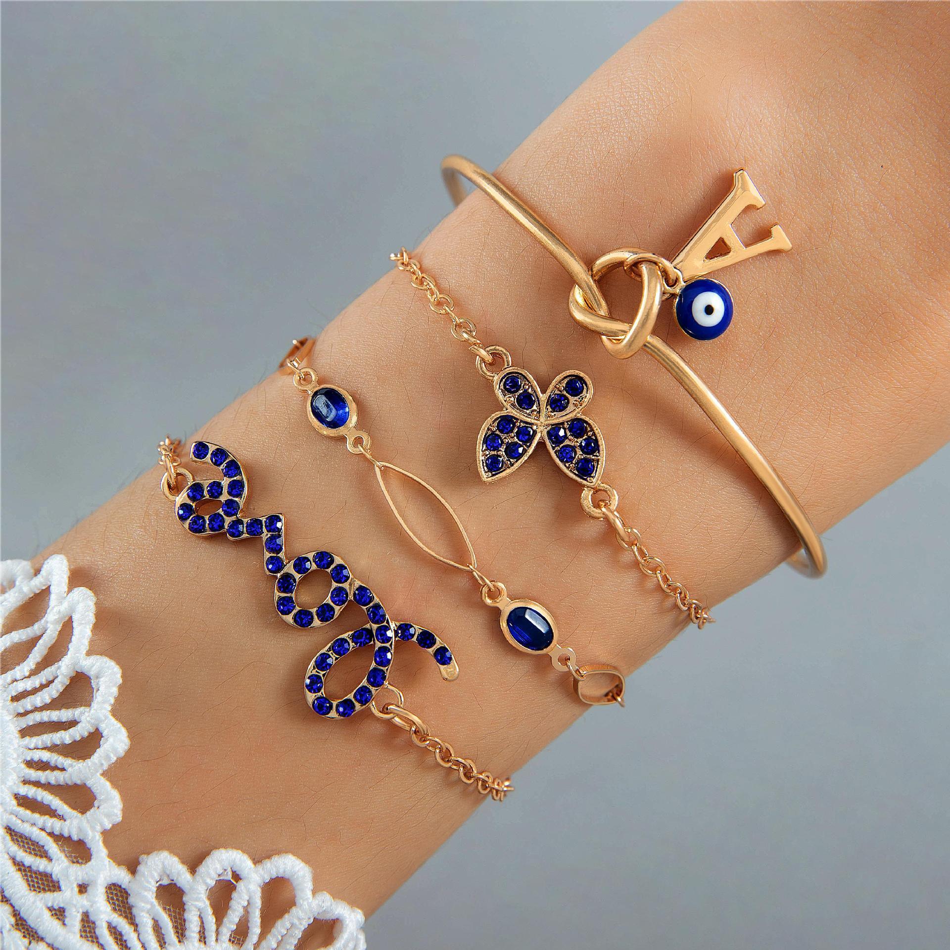 4pcs Blue Flower Love Butterfly Bracelet Set With Rhinestones Design Valentines Day - My Beach Kit