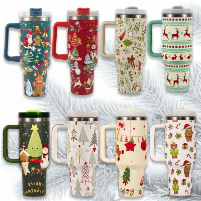 New Christmas Pattern Mug With Handle Lid Straw - My Beach Kit