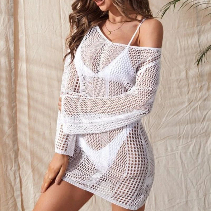 Knitted Hollow Backless Long Sleeve Narrow Bikini Swimsuit Blouse Women