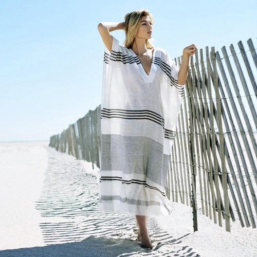 Striped V Neck Loose Long Bikini - My Beach Kit